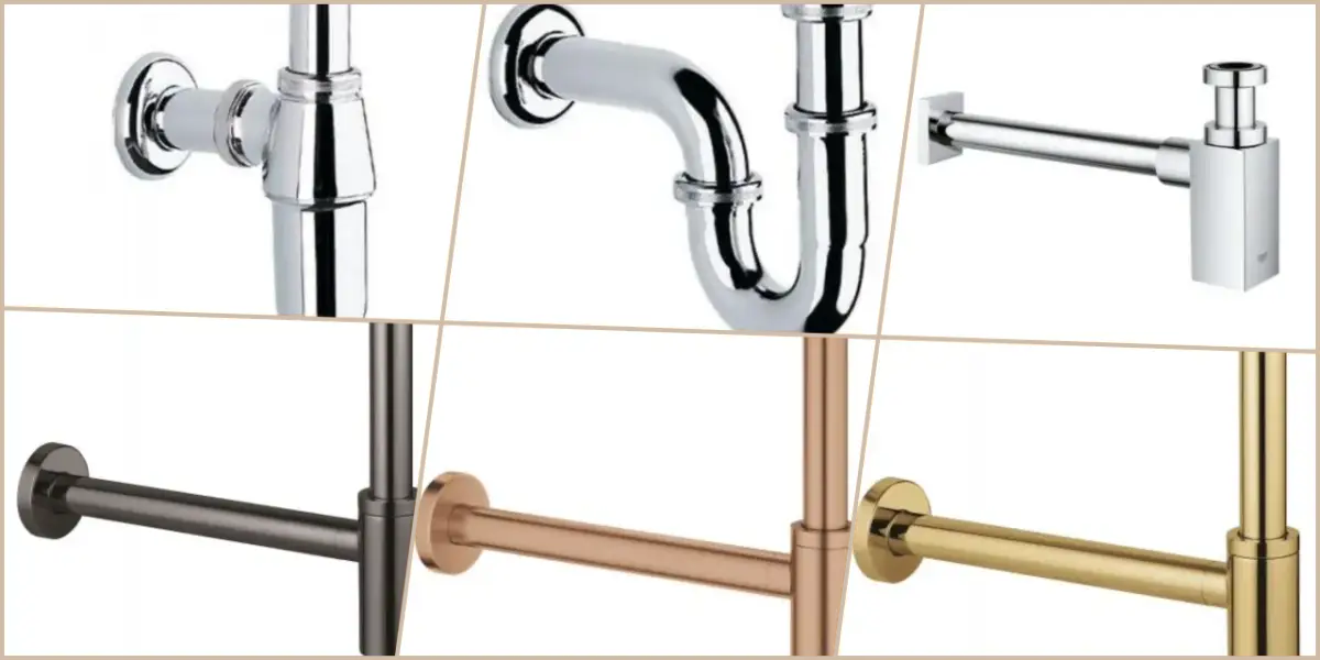 Różne modele syfonów pod umywalkę: chromowane, grafitowe, miedziane i złote.
