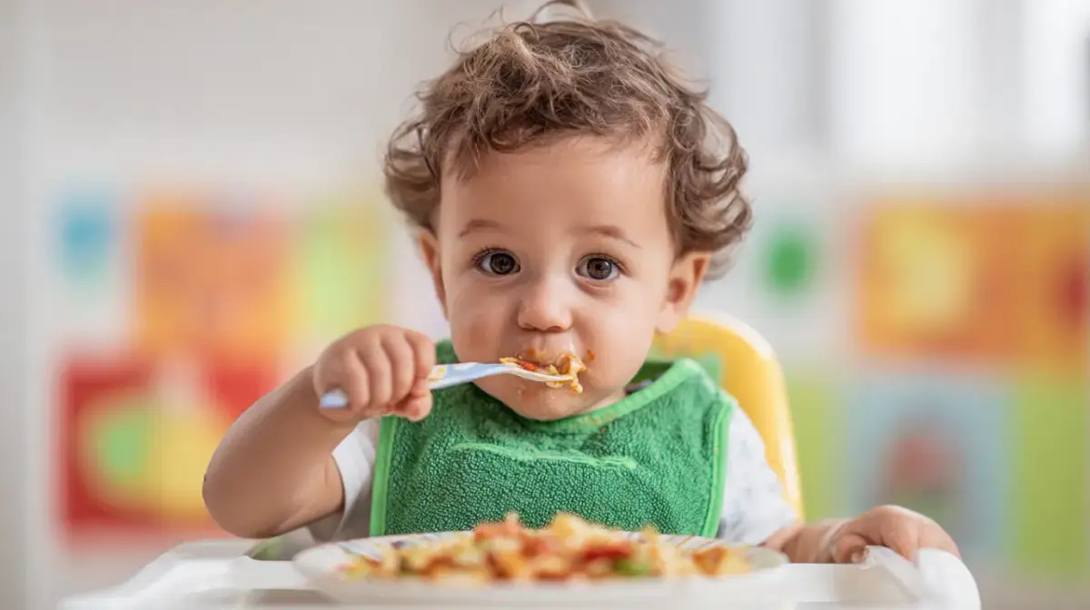 Małe dziecko z zaciekawieniem je widelcem papkę, która wygląda jak cielęcina dla niemowlaka.