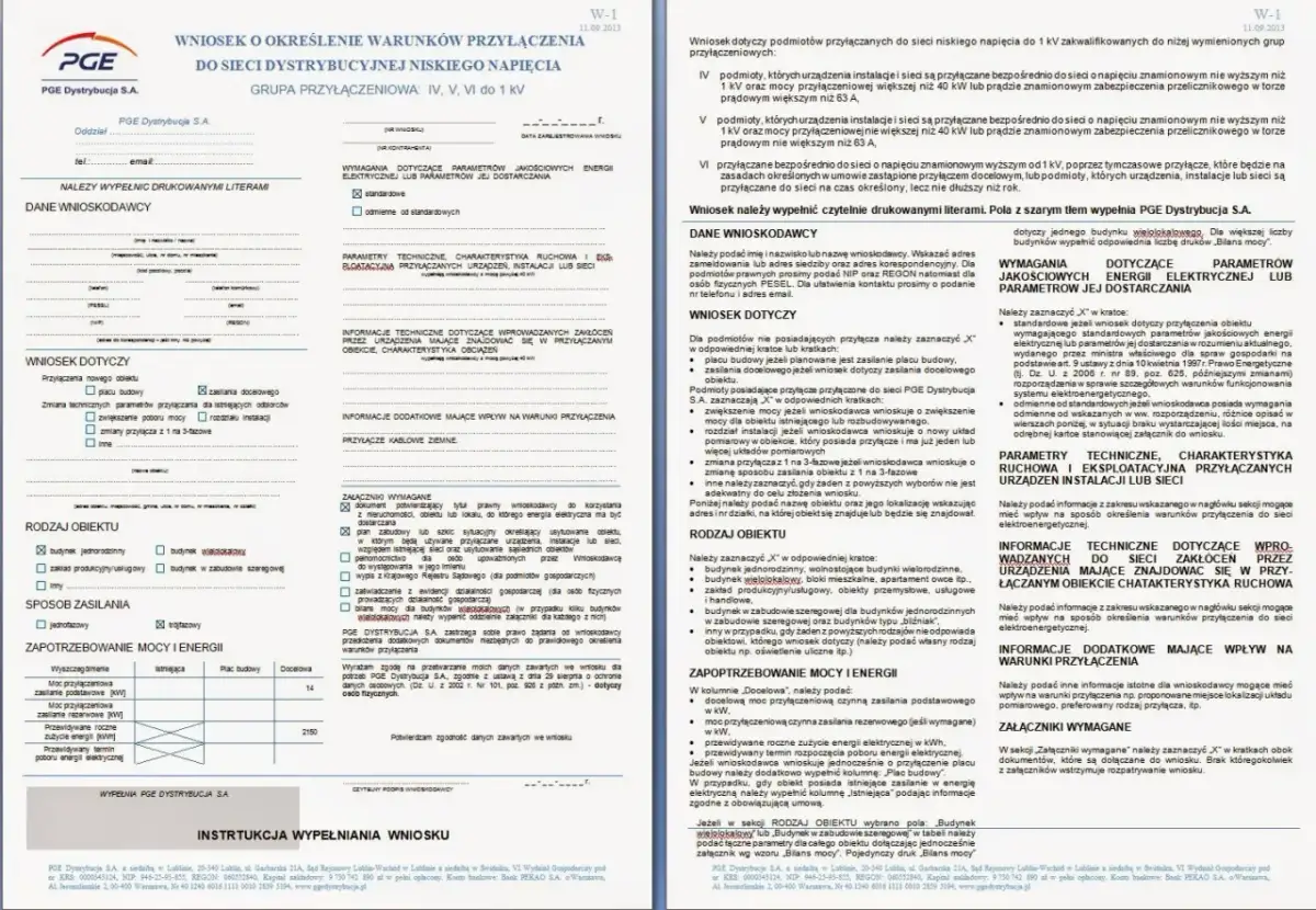 Wniosek o przyłącze energetyczne wzór. Formularz PGE Dystrybucja S.A. do wypełnienia przez wnioskodawcę.
