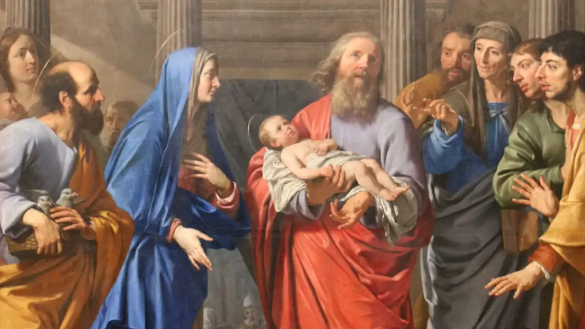 Obraz przedstawia scenę z życia Maryi i Jezusa, przypominającą tajemnice radosne różańca.