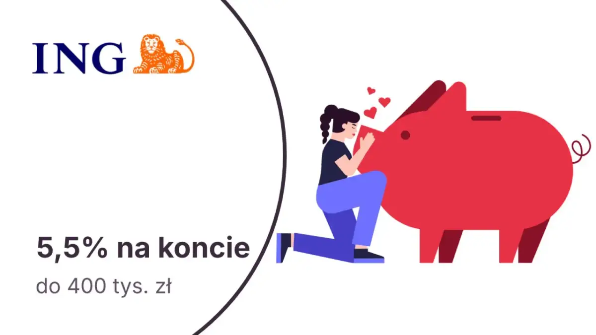 ING oferuje 5,5% na koncie do 400 tys. zł. Kobieta przytula skarbonkę, symbolizując troskę o oszczędności, w przeciwieństwie do mbank.
