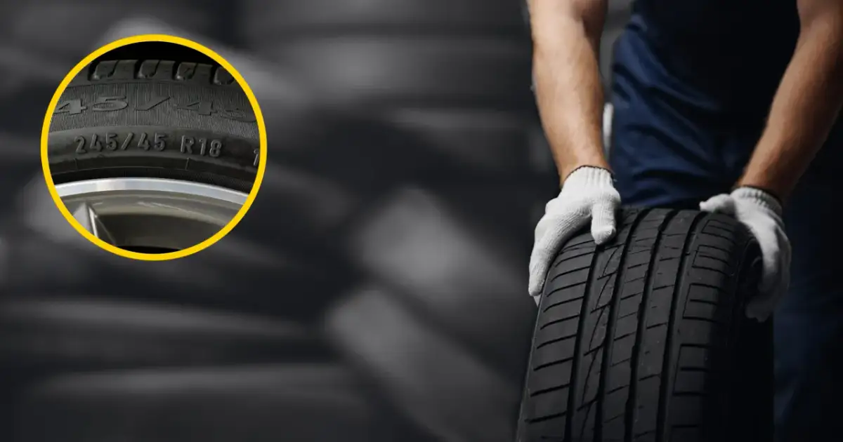Zbliżenie na oznaczenia na oponie samochodowej: 245/45 R18.