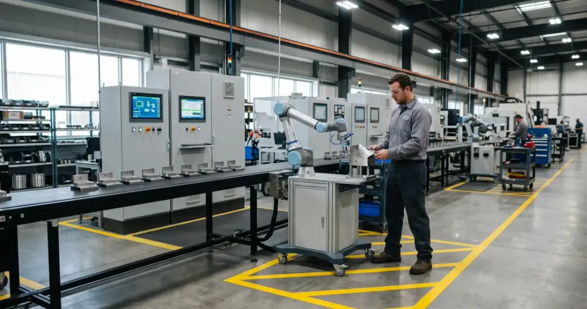 Pracownik nadzoruje pracę robota przemysłowego na linii produkcyjnej w nowoczesnej fabryce.