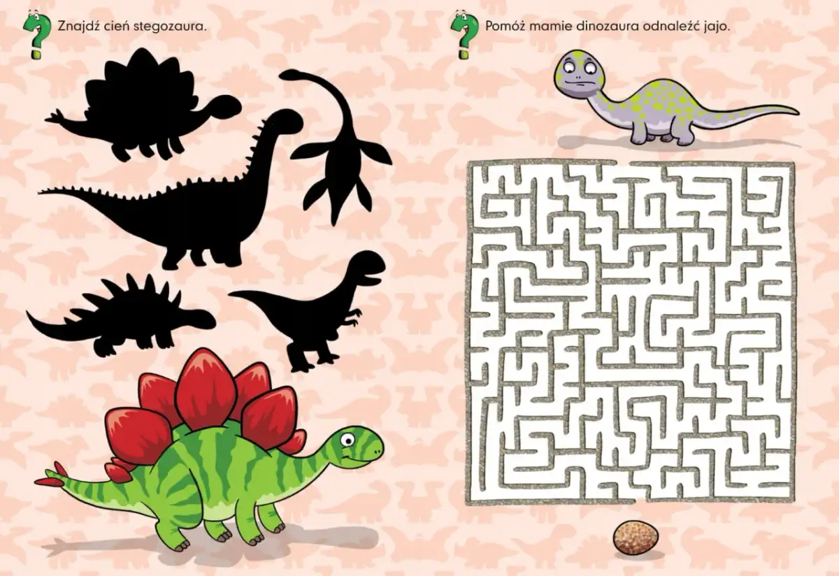Zadanie dla małych odkrywców: znajdź cień stegozaura i pomóż mamie dinozaura odnaleźć jajo, rozwiązując labirynt. To świetna zagadka o dinozaurach!