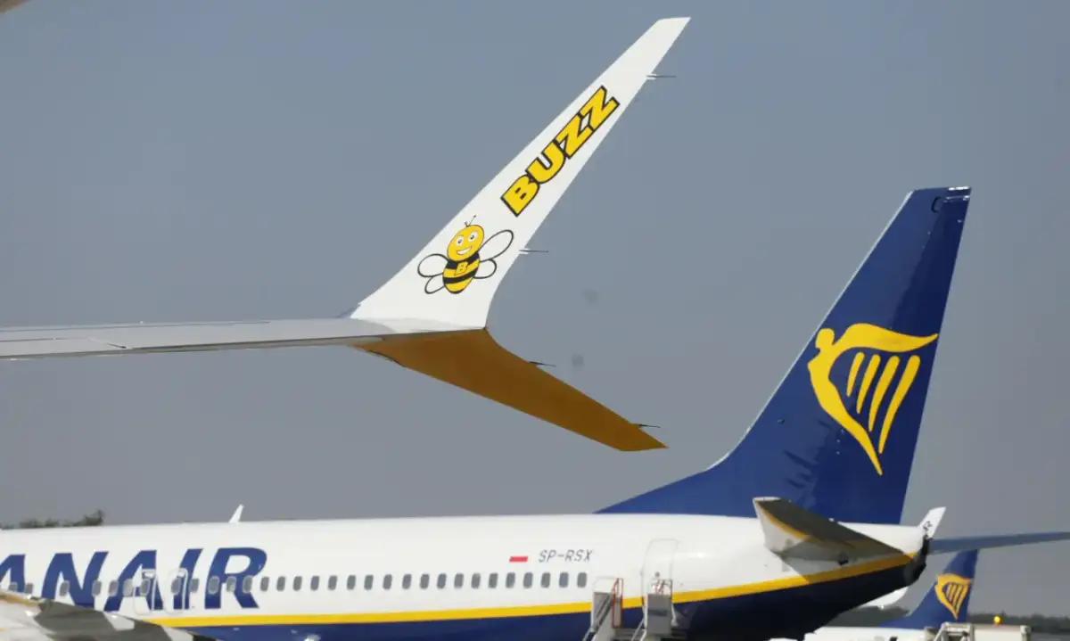 Dwa samoloty na płycie lotniska: jeden z logo Buzz i pszczółką, drugi z logo Ryanair. Czy to lot czarterowy a rejsowy?