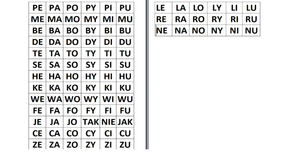 Tabele z sylabami, np. PE, PA, PO, PY, PI, PU, ME, MA, MO, MY, MI, MU. Idealne, by nauczyć 6 latka czytać.