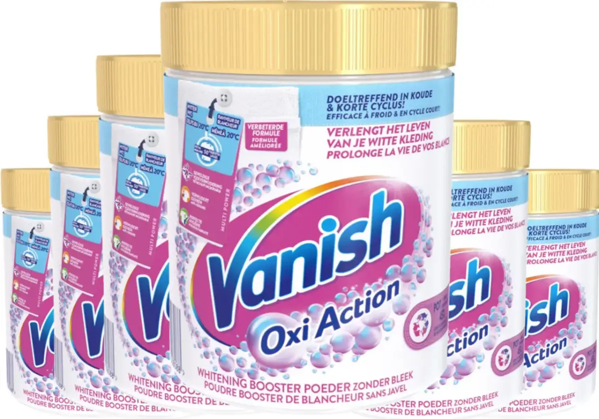 Kilka opakowań proszku do prania Vanish Oxi Action z żółtymi nakrętkami.