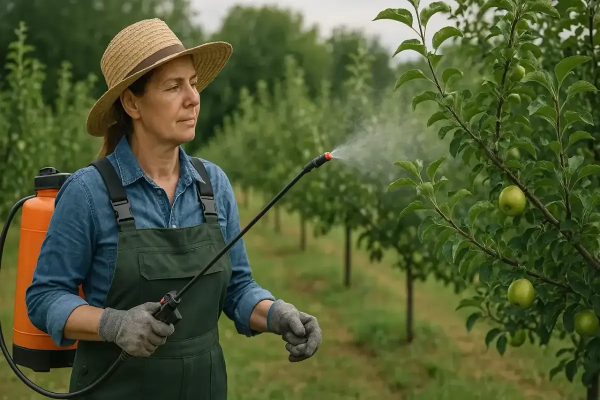 Kobieta w słomkowym kapeluszu i ogrodniczkach opryskuje drzewko owocowe z jabłkami.