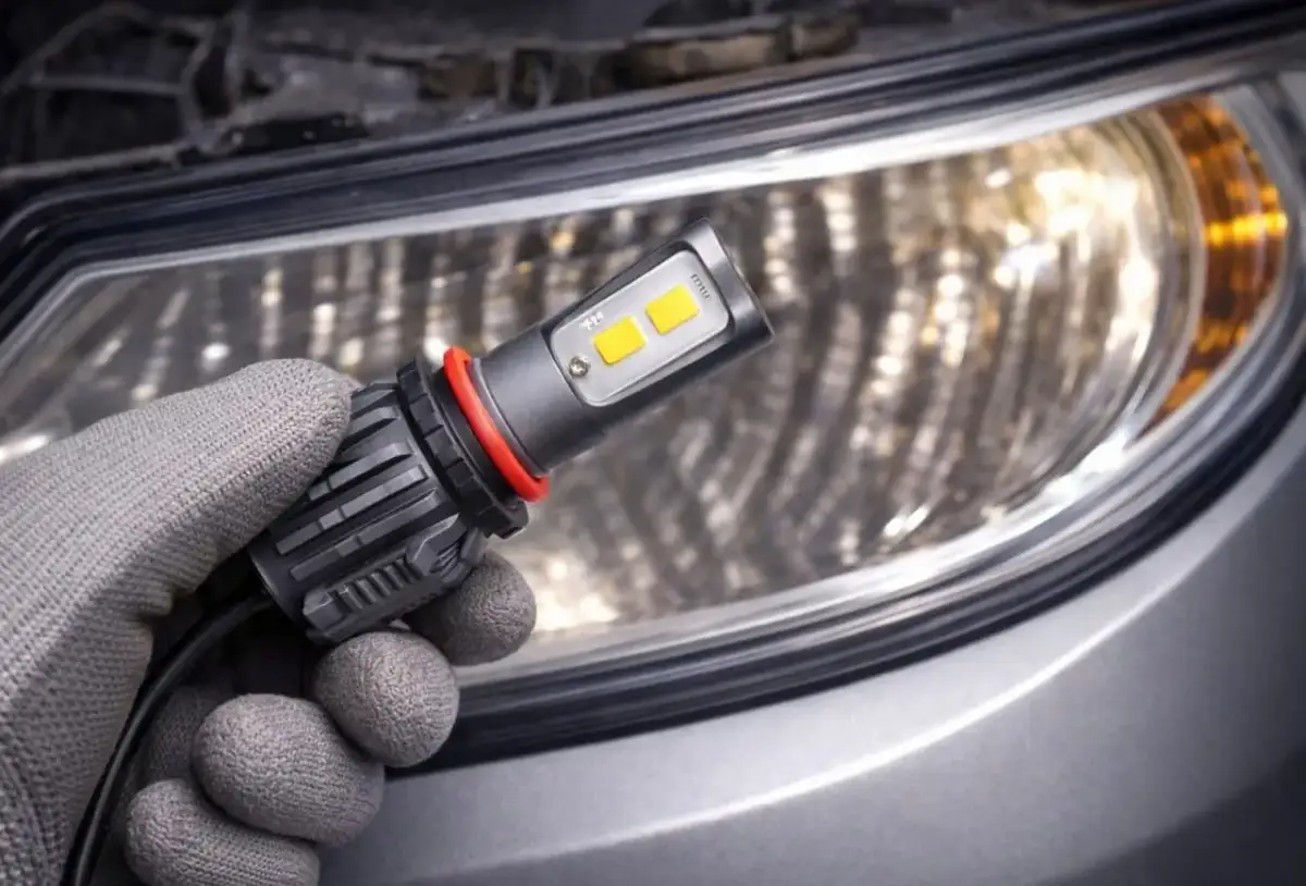 Rękawica trzyma żarówkę LED, sugerując, czy można wymienić żarówki halogenowe na ledowe w samochodzie.