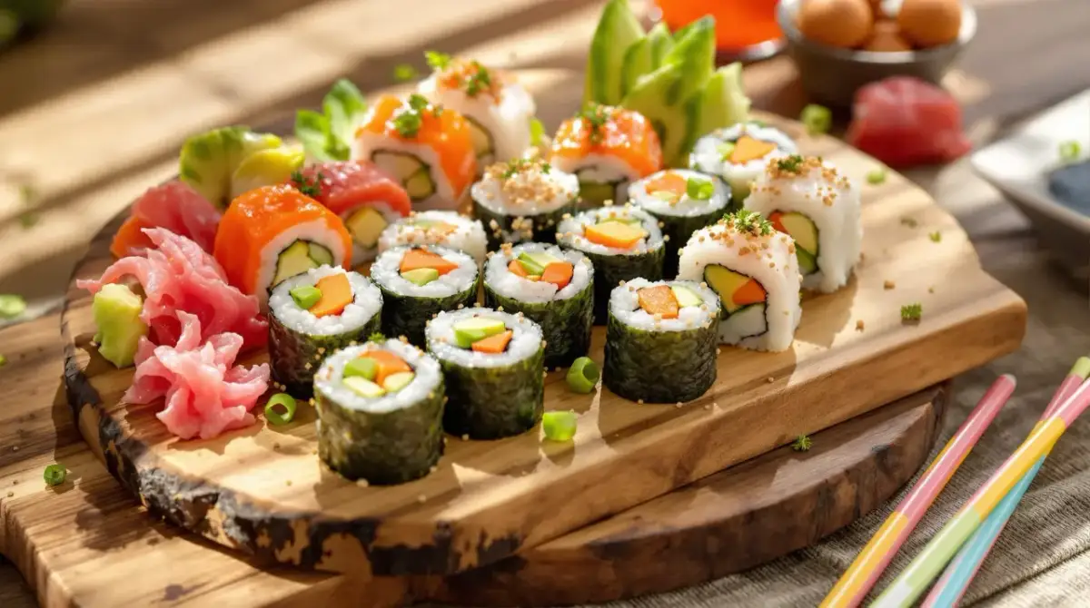 Kolorowe rolki sushi na drewnianej desce, z dodatkami. Czy dzieci mogą jeść sushi? Tak, jeśli wybierzemy łagodne składniki, jak te z warzywami.