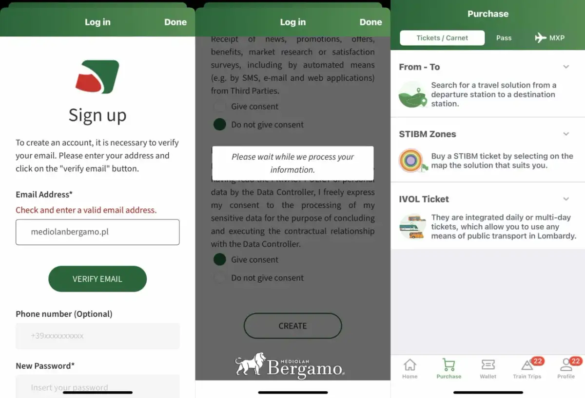 Aplikacja do zakupu biletów, umożliwiająca wyszukiwanie połączeń, zakup biletów STIBM i IVOL. Możesz tu kupić swój io viaggio bilet.