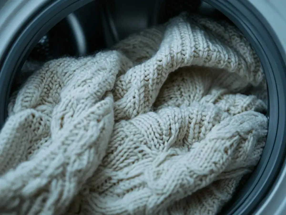 Ciepły, beżowy sweter z warkoczami w bębnie pralki. Chcesz wiedzieć, jak zmniejszyć sweter wełniany?