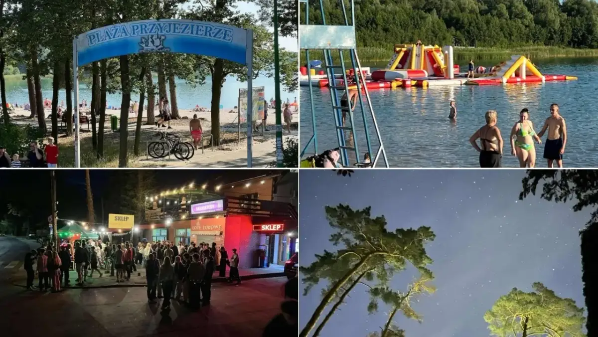 Plac zabaw na wodzie, plaża, nocne życie i nocne niebo nad lasem.