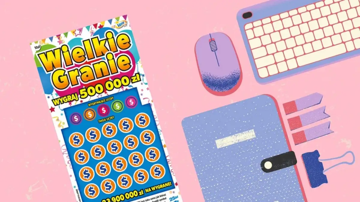 Zdrapka "Wielkie Granie" z szansą na 500 000 zł. Czy to klucz, jak wygrac w zdrapki? Obok klawiatura, myszka i notatnik.