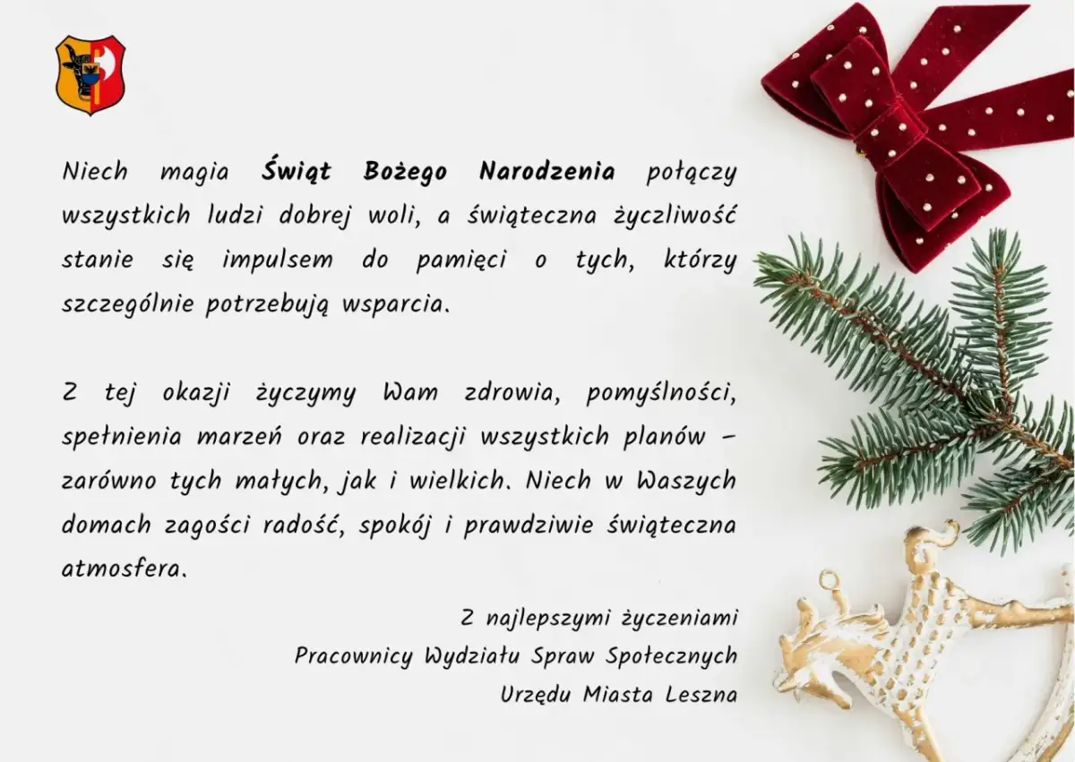 Życzenia świąteczne od Urzędu Miasta Leszna. Jak odpisać na życzenia świąteczne? Magia Świąt Bożego Narodzenia, życzliwość, zdrowie, pomyślność, radość i spokój.
