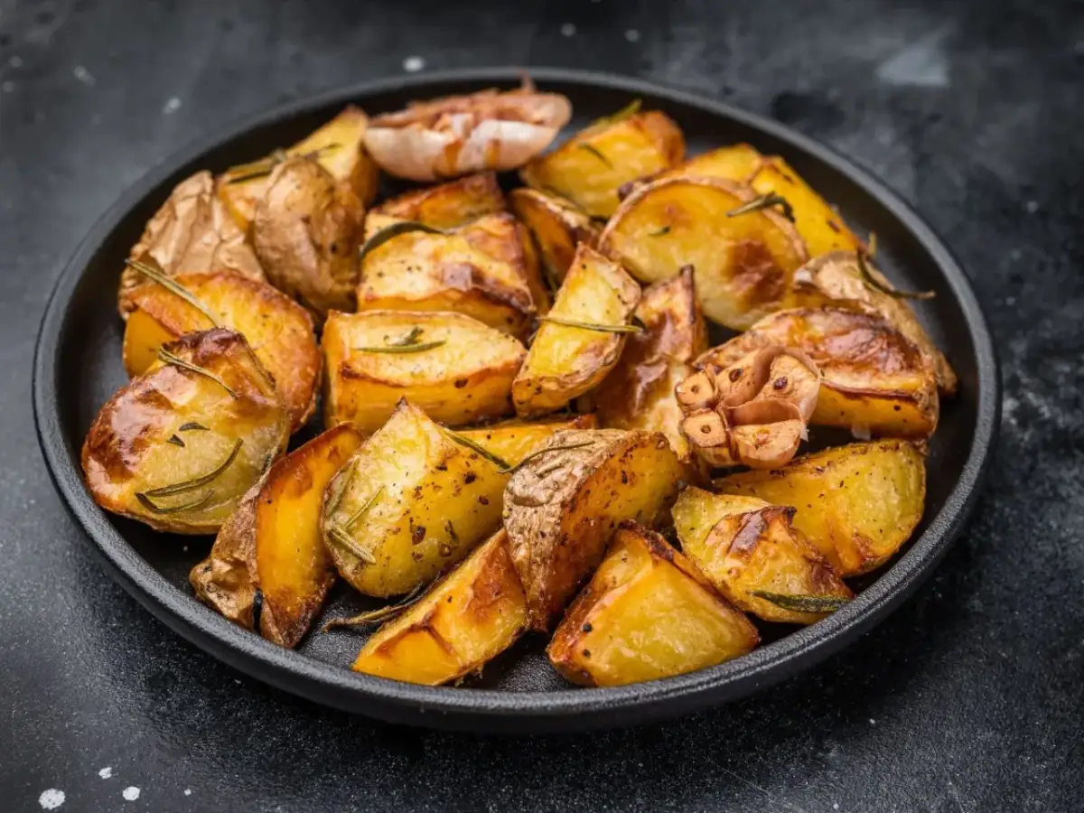 Ziemniaki zapiekane w piekarniku, chrupiące i złociste, z dodatkiem rozmarynu i czosnku, podane na czarnym talerzu.