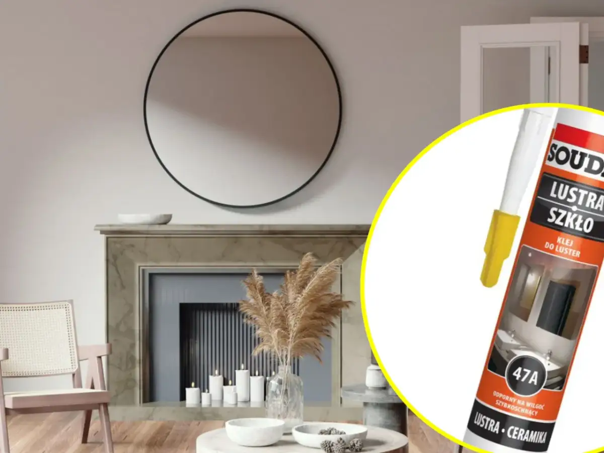 Okrągłe lustro nad kominkiem i tubka kleju do luster Soudal.