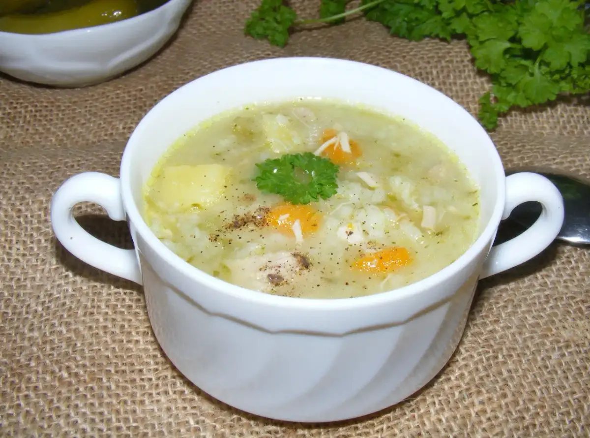 Pyszna zupa ogórkowa z ryżem, kawałkami kurczaka i marchewką, udekorowana natką pietruszki.