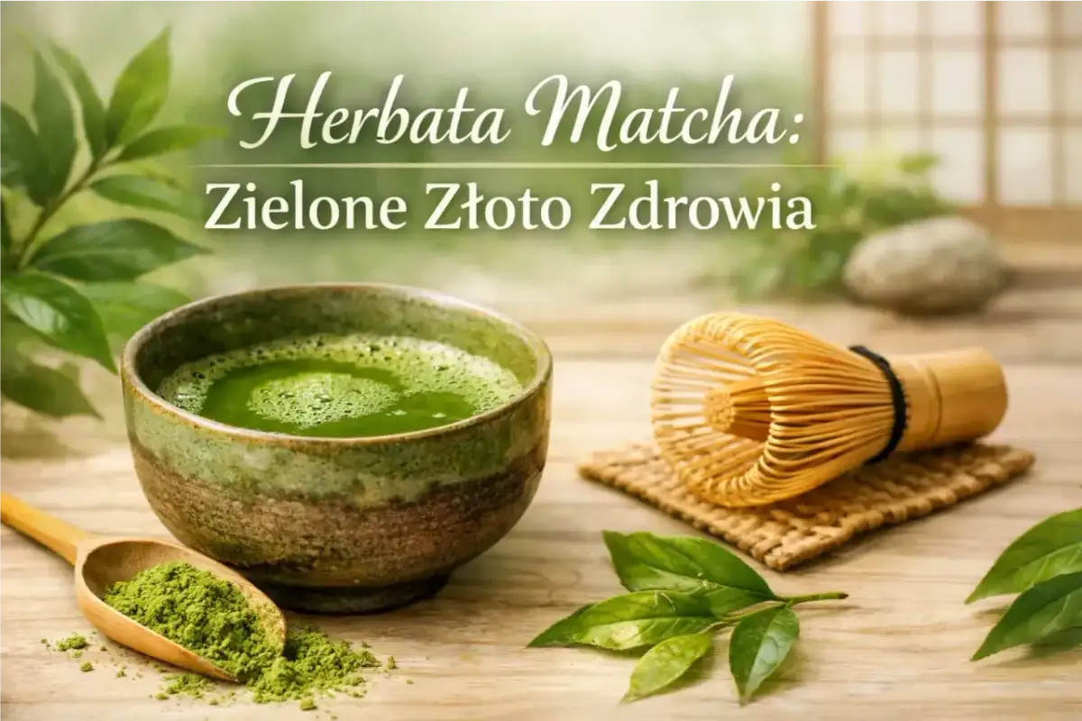 Miska z zieloną herbatą matcha, drewniana łyżka z proszkiem matcha i bambusowa miotełka chasen.