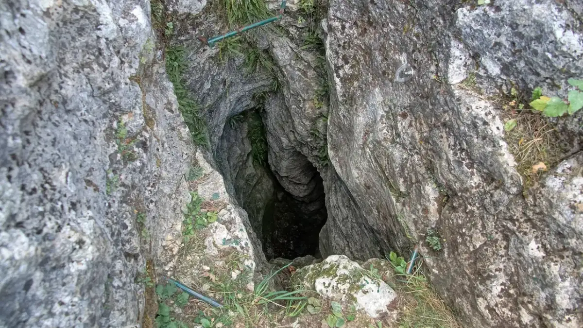 Głęboka szczelina skalna, wejście do jaskini. Wokół roślinność, jak w rezerwat przyrody węże.