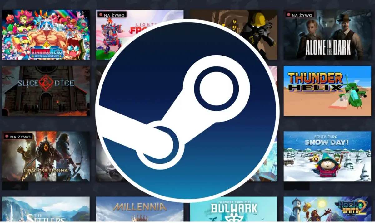 Logo Steam na tle miniatur gier z różnych gatunków.