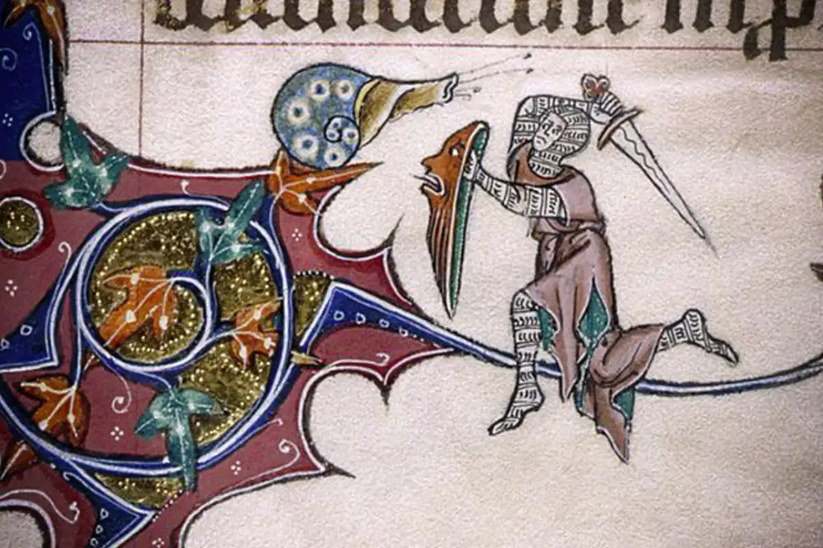 Rycerz walczy ze ślimakiem, scena z miniatury iluminowanej, być może z "Pieśni o Rolandzie" autorstwa nieznanego artysty.