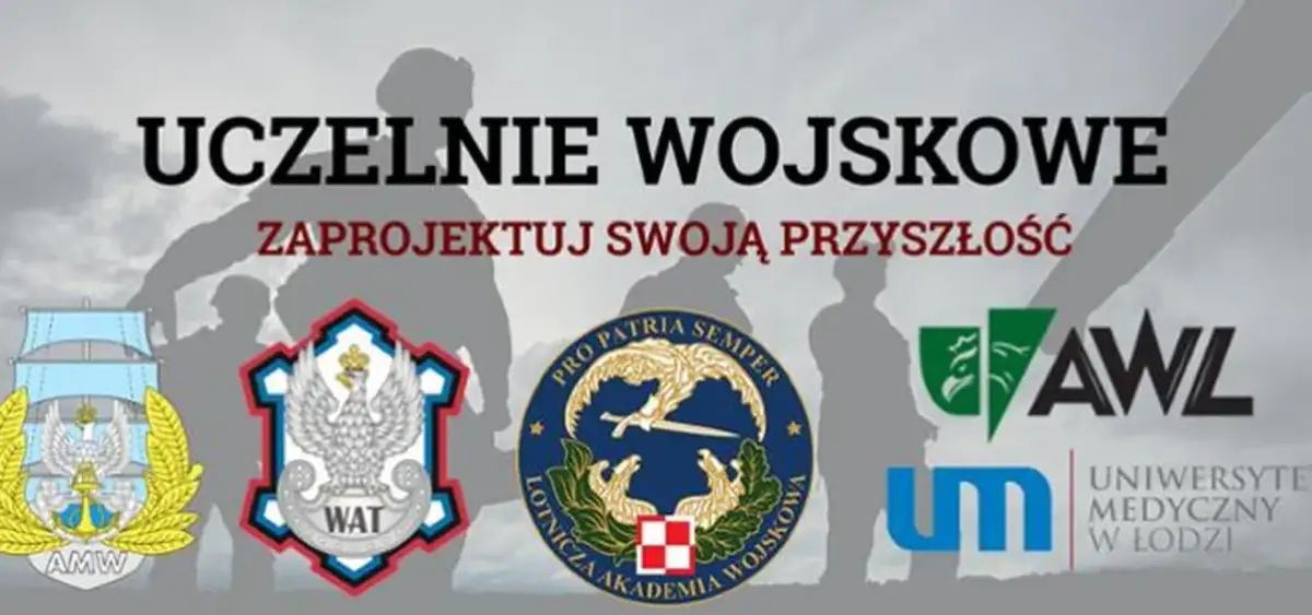 Grafika z sylwetkami żołnierzy i logotypami uczelni wojskowych: AMW, WAT, Lotnicza Akademia Wojskowa, AWL, UM w Łodzi.