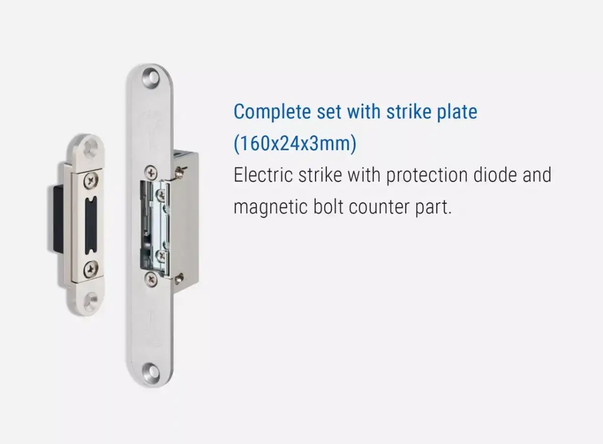 Zestaw elektrozaczepu z blaszką zwrotną i diodą zabezpieczającą.