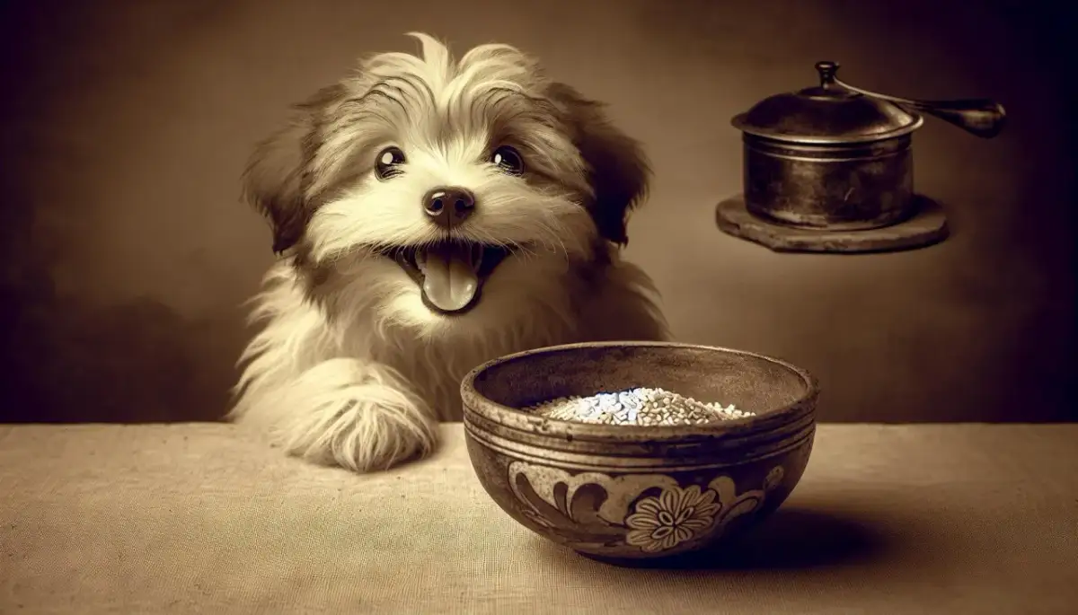 Szczęśliwy piesek z miską pełną ziaren, zastanawia się, czy pies może jeść sezam. Obok stoi garnek.