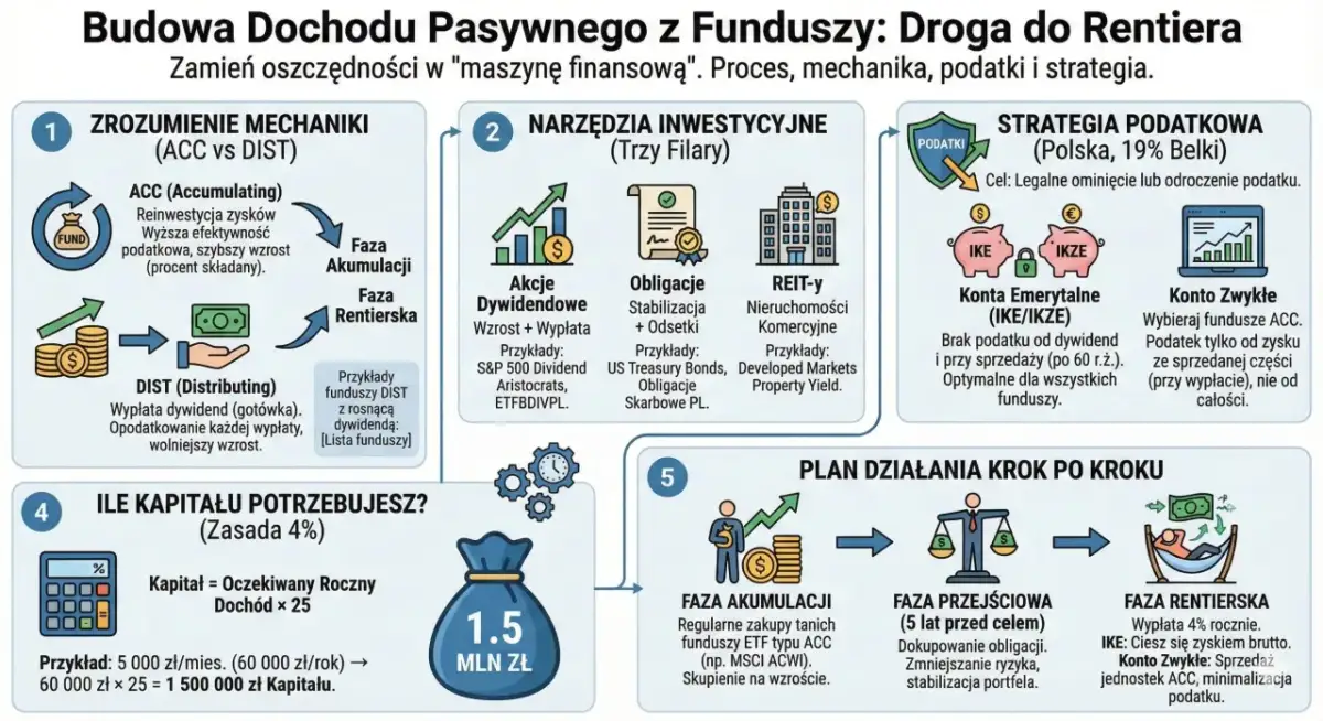 Schemat pokazuje, jak pomnożyć pieniądze przez budowę dochodu pasywnego z funduszy. Od zrozumienia mechaniki ACC/DIST, przez narzędzia inwestycyjne, strategię podatkową, aż po plan działania krok po kroku.