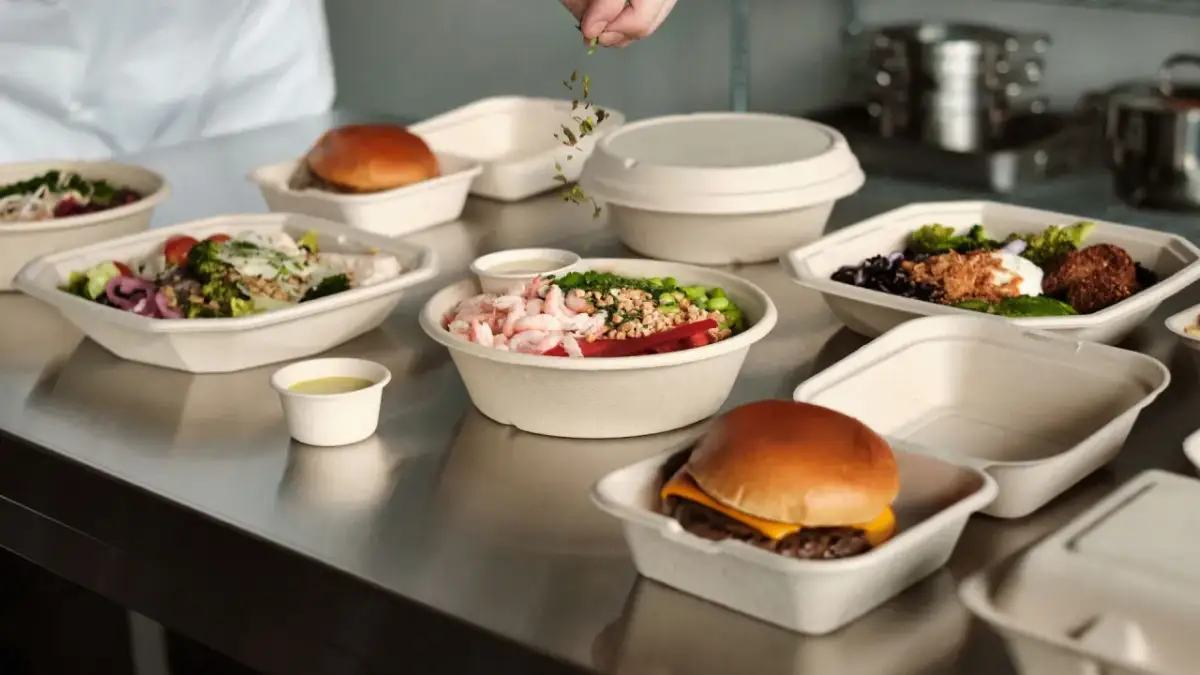 Dania w biodegradowalnych opakowaniach, jak te na zdjęciu, to alternatywa dla plastiku. Zastanawiasz się, pfas co to jest i czy ma związek z ekologicznymi pojemnikami?