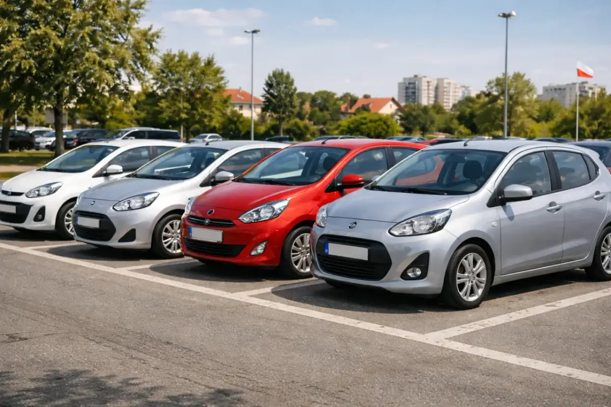 Rząd srebrnych i czerwonych samochodów na parkingu. Idealne auta tanie w utrzymaniu, gotowe do jazdy.