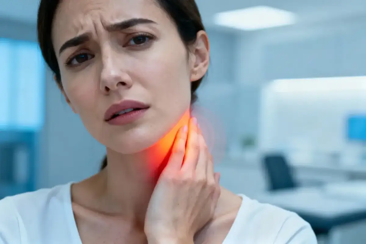 Kobieta z grymasem na twarzy trzyma dłoń na szyi, gdzie widoczny jest czerwony obszar bólu przy przełykaniu.