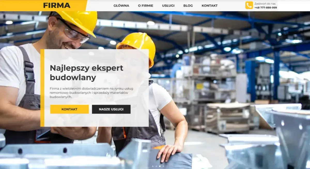 Budowlaniec w kasku uśmiecha się, planując jak założyć firmę budowlaną z dofinansowaniem. Oferujemy remonty i sprzedaż materiałów.