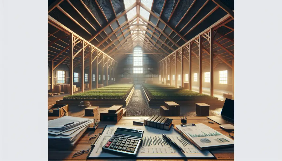 Drewniana hala z rzędami sadzonek, na pierwszym planie biurko z dokumentami, kalkulatorem i laptopem.