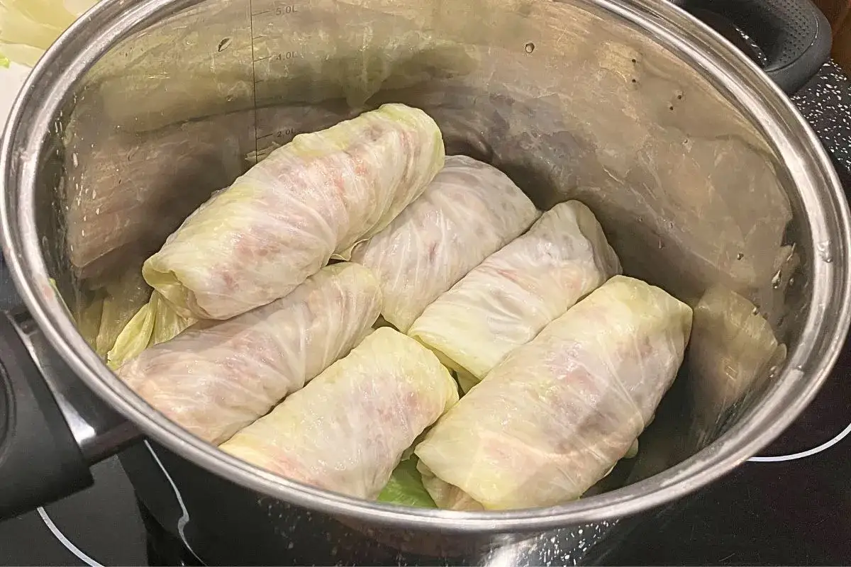 Gołąbki z młodej kapusty ułożone w garnku, gotowe do gotowania.