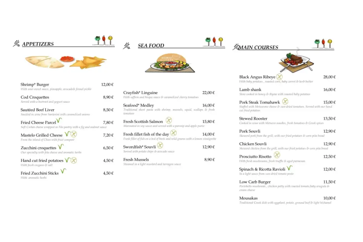 Menu z Grecji: przystawki, owoce morza i dania główne. Ceny w euro, np. Black Angus Ribeye 28,00 €, Mousakas 10,00 €.