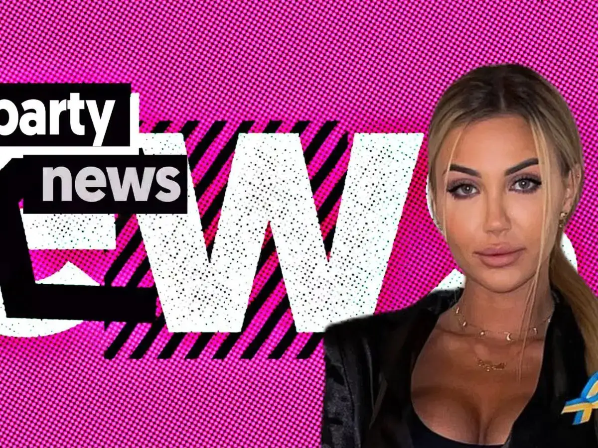 Angela z Love Island na tle różowego wzoru i napisu "party news".