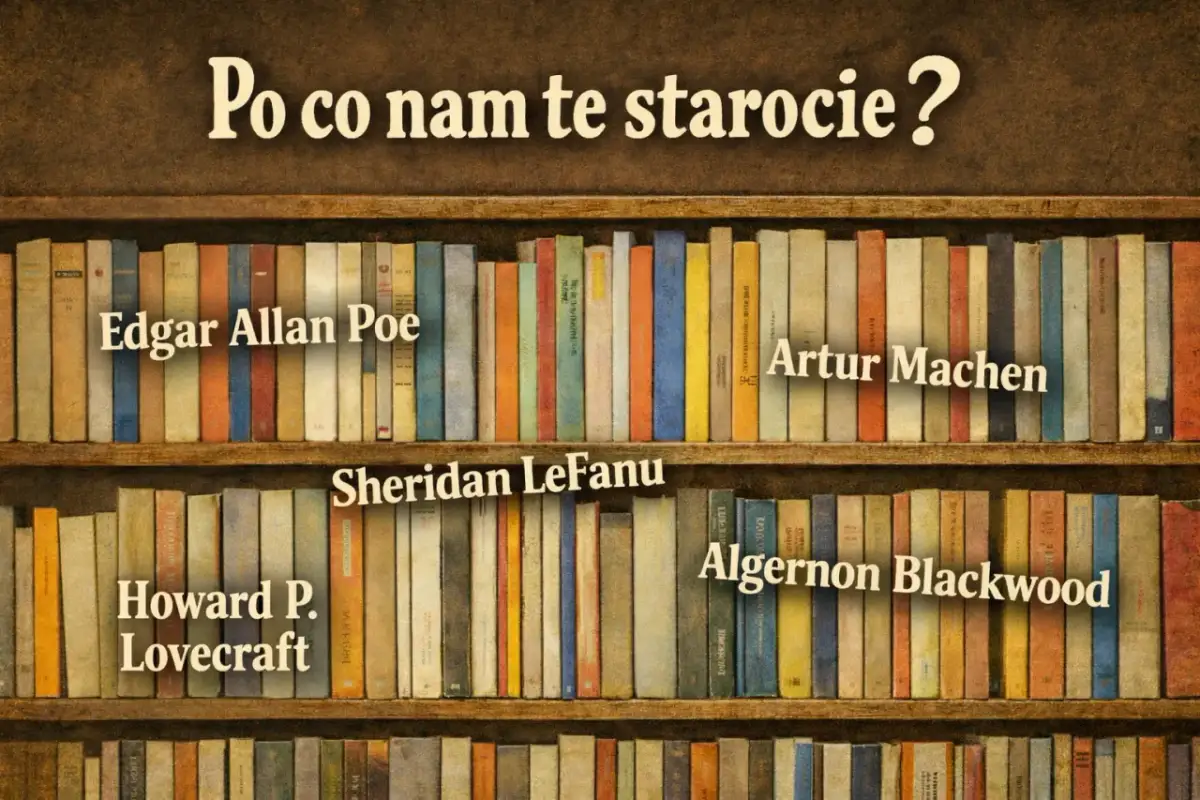 Półki pełne książek z nazwiskami autorów: Edgar Allan Poe, Artur Machen, Sheridan Le Fanu, Howard P. Lovecraft, Algernon Blackwood.