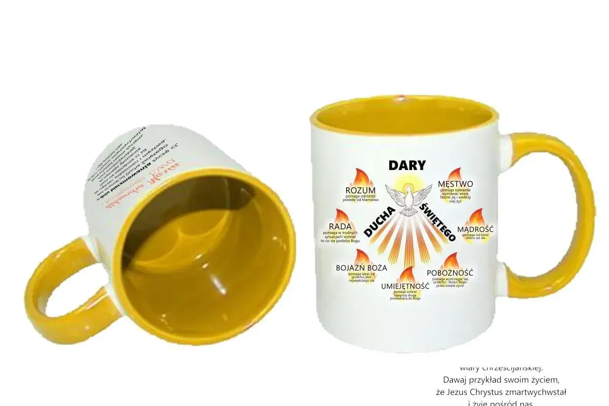 Kubek z motywem siedmiu darów Ducha Świętego. Idealny prezent na bierzmowanie, przypominający o Bożych łaskach.