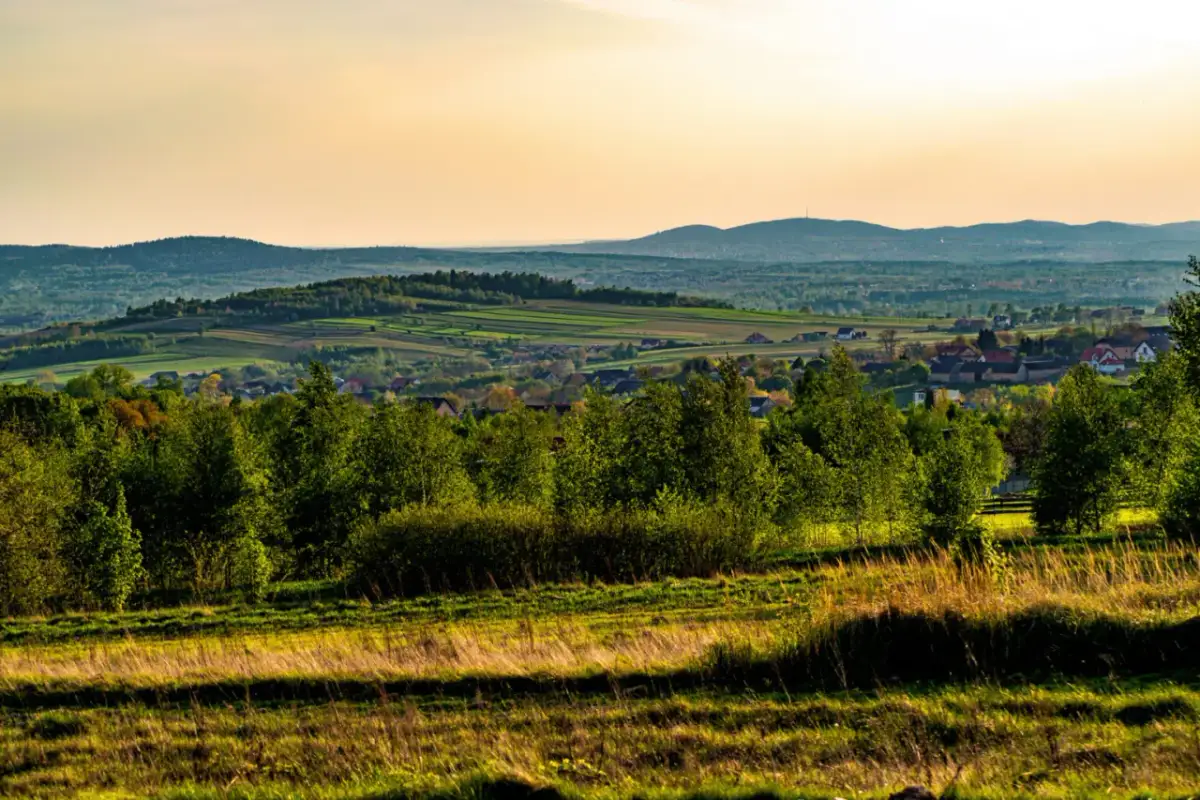 Krajobraz Gór Świętokrzyskich z pagórkami, polami i lasami w ciepłym świetle zachodzącego słońca.