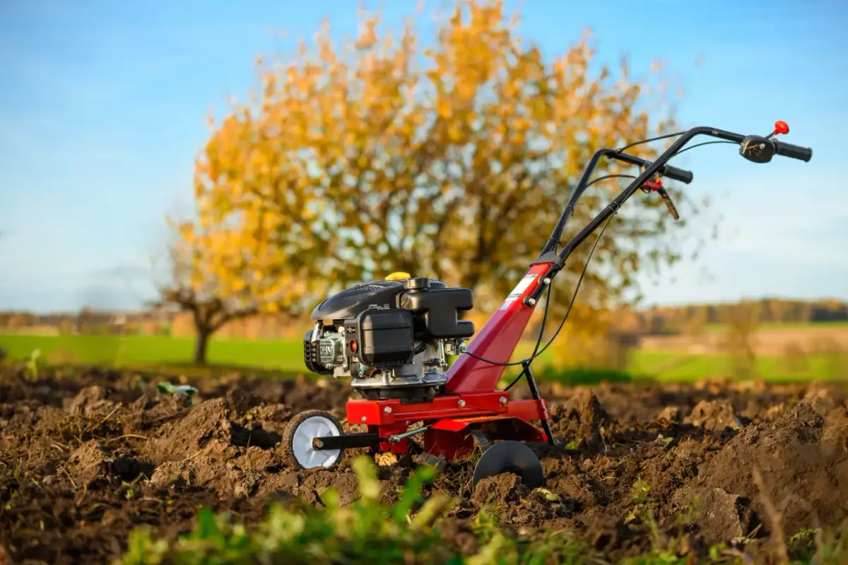 Czerwona glebogryzarka do ogrodu stoi na przekopanej ziemi, w tle jesienne drzewo i błękitne niebo.