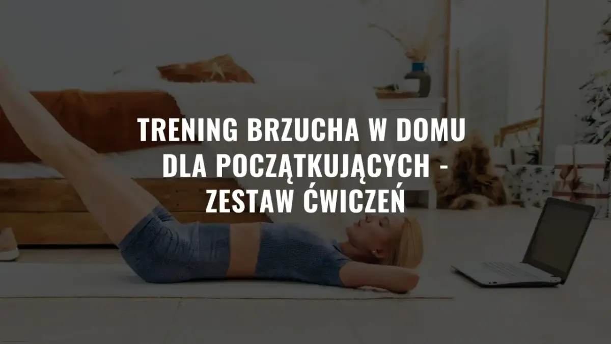 Kobieta ćwiczy brzuch w domu, korzystając z porad na laptopie. Proste ćwiczenia na brzuch w domu dla początkujących.