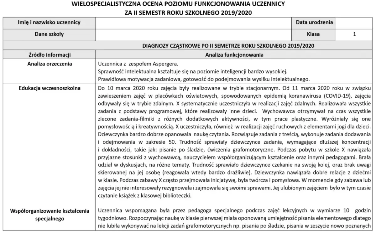 Wielospecjalistyczna ocena poziomu funkcjonowania uczennicy z zespołem Aspergera. Opisuje edukację wczesnoszkolną i wspieranie kształcenia specjalnego.
