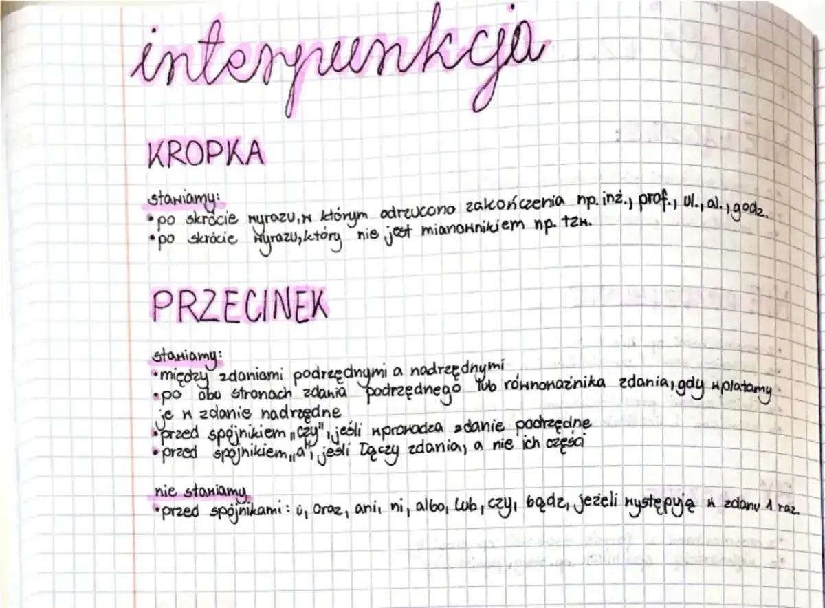 Ręcznie pisane notatki o interpunkcji: "Kropka" i "Przecinek" z zasadami ich stosowania.