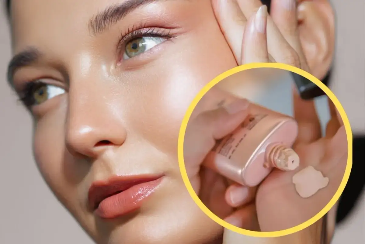 Zbliżenie na twarz kobiety z zielonymi oczami i dłonią wyciskającą krem BB Golden Rose na nadgarstek.