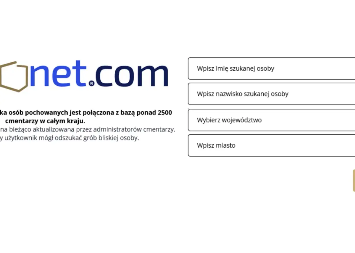 Logo Onet.com i pola do wyszukiwania osób na cmentarzu: imię, nazwisko, województwo, miasto.