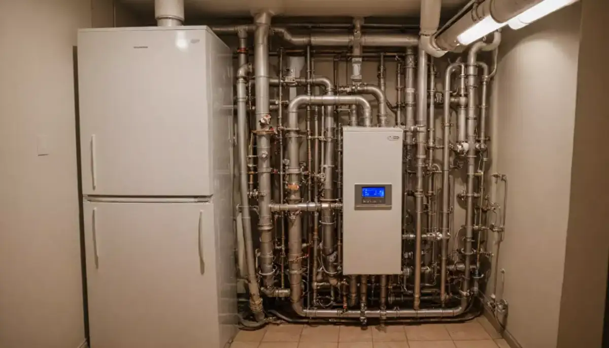 Nowoczesny kocioł do grzania wody, otoczony gęstą siecią rur i przewodów, obok białej lodówki.