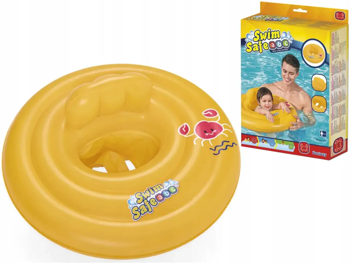 Żółte kółko do pływania dla rocznego dziecka z zabawnym krabem. Idealne na pierwsze wodne przygody.