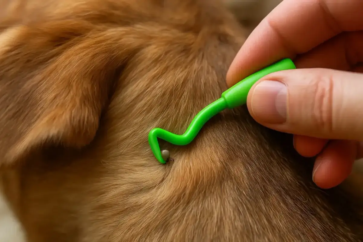 Zielony przyrząd usuwa kleszcza z sierści psa. Nawet kiedy pies saneczkuje, milionerzy dbają o jego zdrowie.
